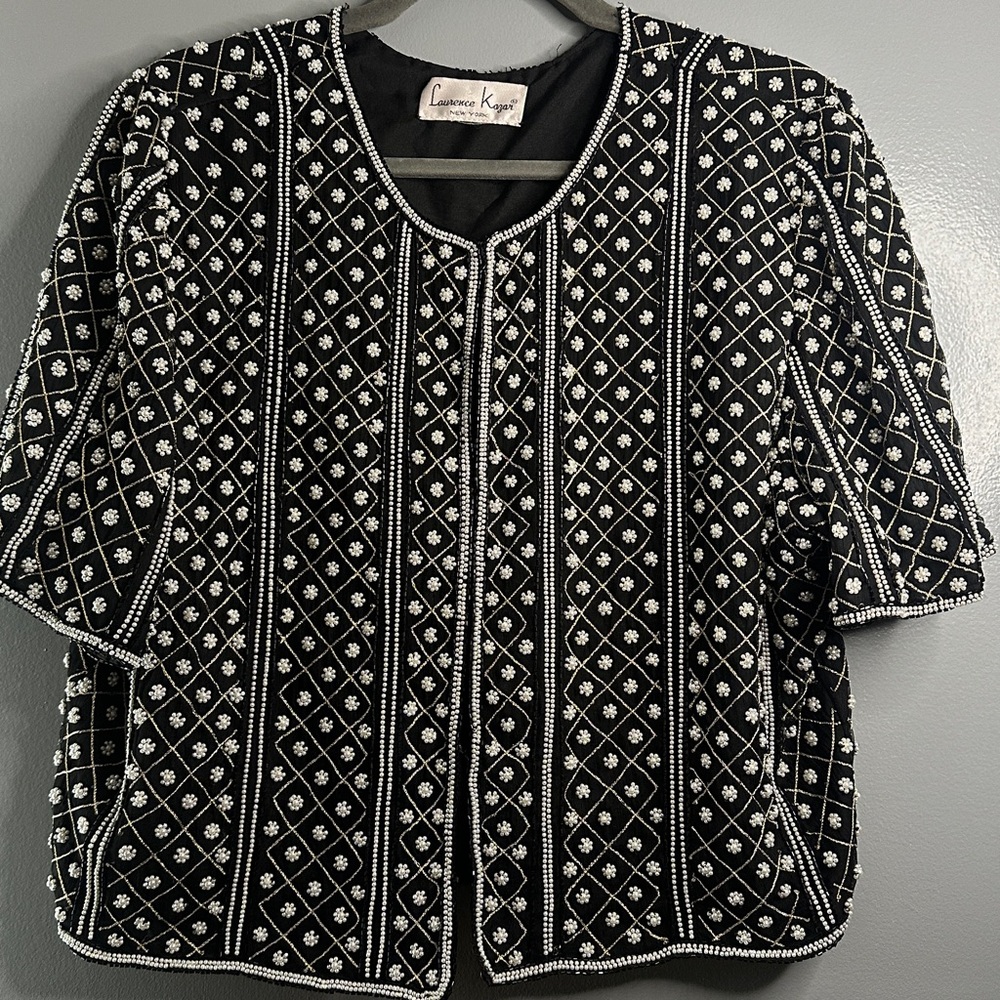 laurence kazar black white seauin glitter crystal silk jacket blazer
